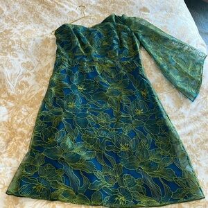 JS Collection One Shoulder Green Blue A line below the knee dress size 14